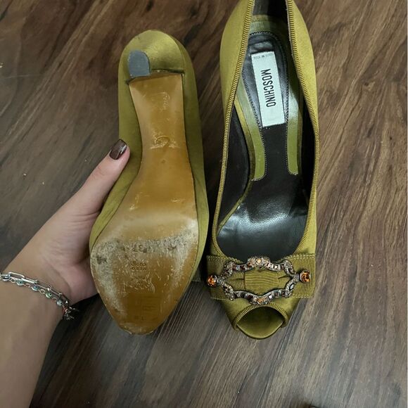 Moschino Olive Satin Bejeweled Platform Heels Size 37 - Picture 2 of 5
